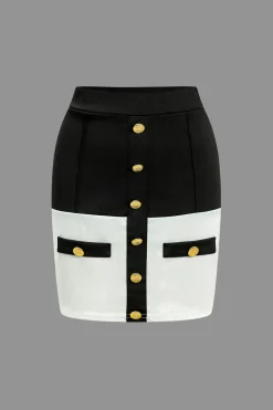 Color Block Button Pocket Skirt Set