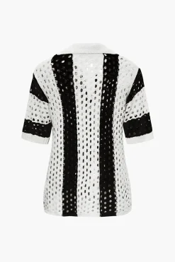 Color Block Crochet Open Knit Button Up Top And Shorts Set