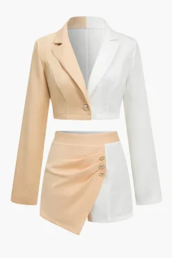 Color Block Cropped Blazer And Button Detail Skort Set