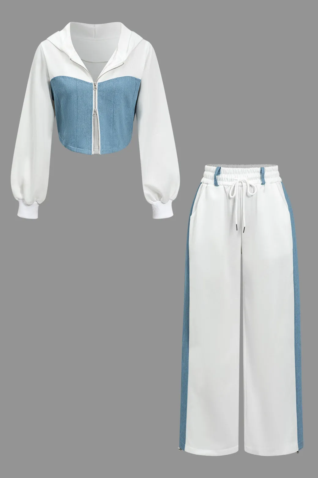 Color Block Denim Patchwork Hooded Zipper Jacket And Trousers Set