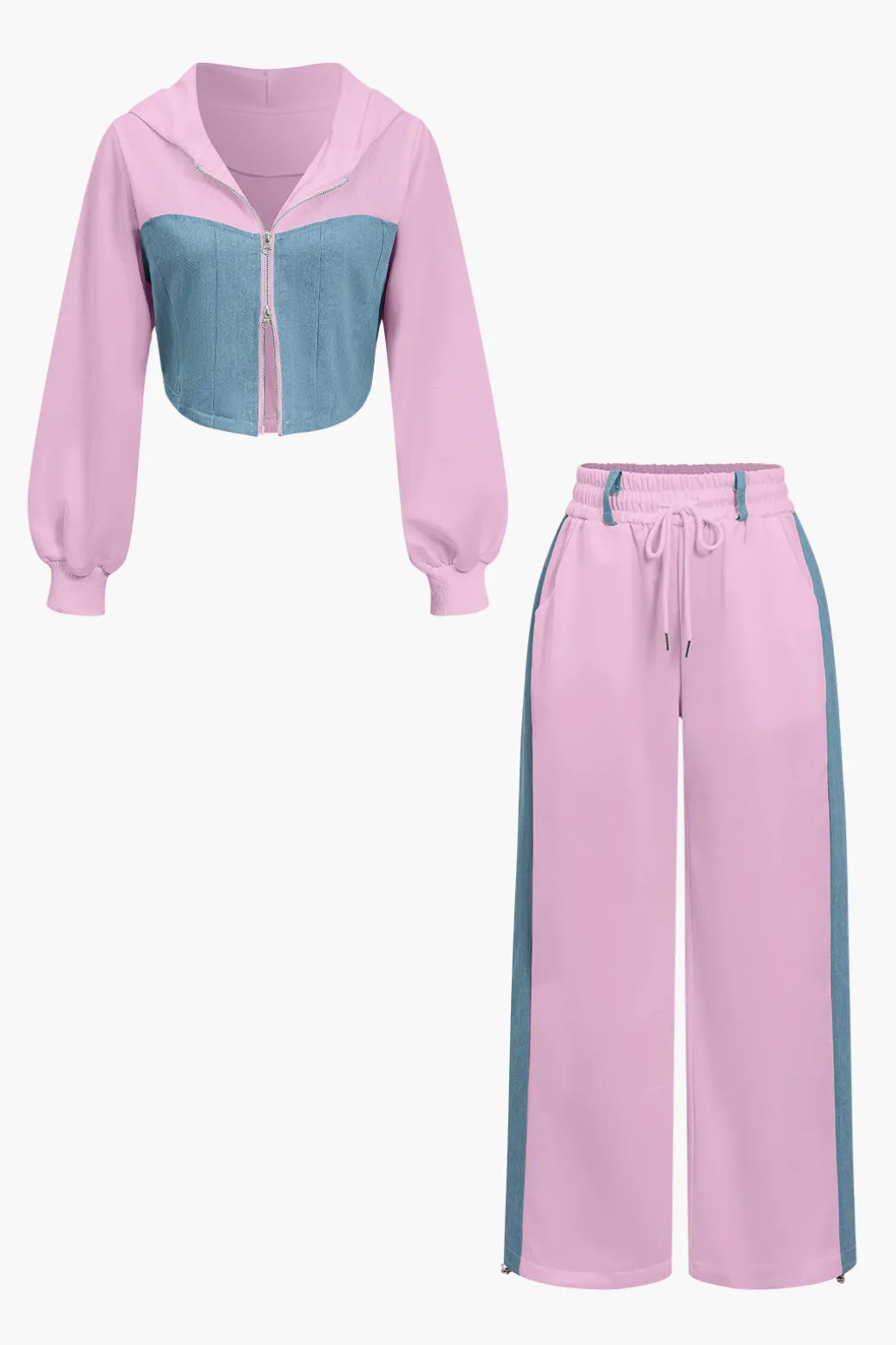 Color Block Denim Patchwork Hooded Zipper Jacket And Trousers Set