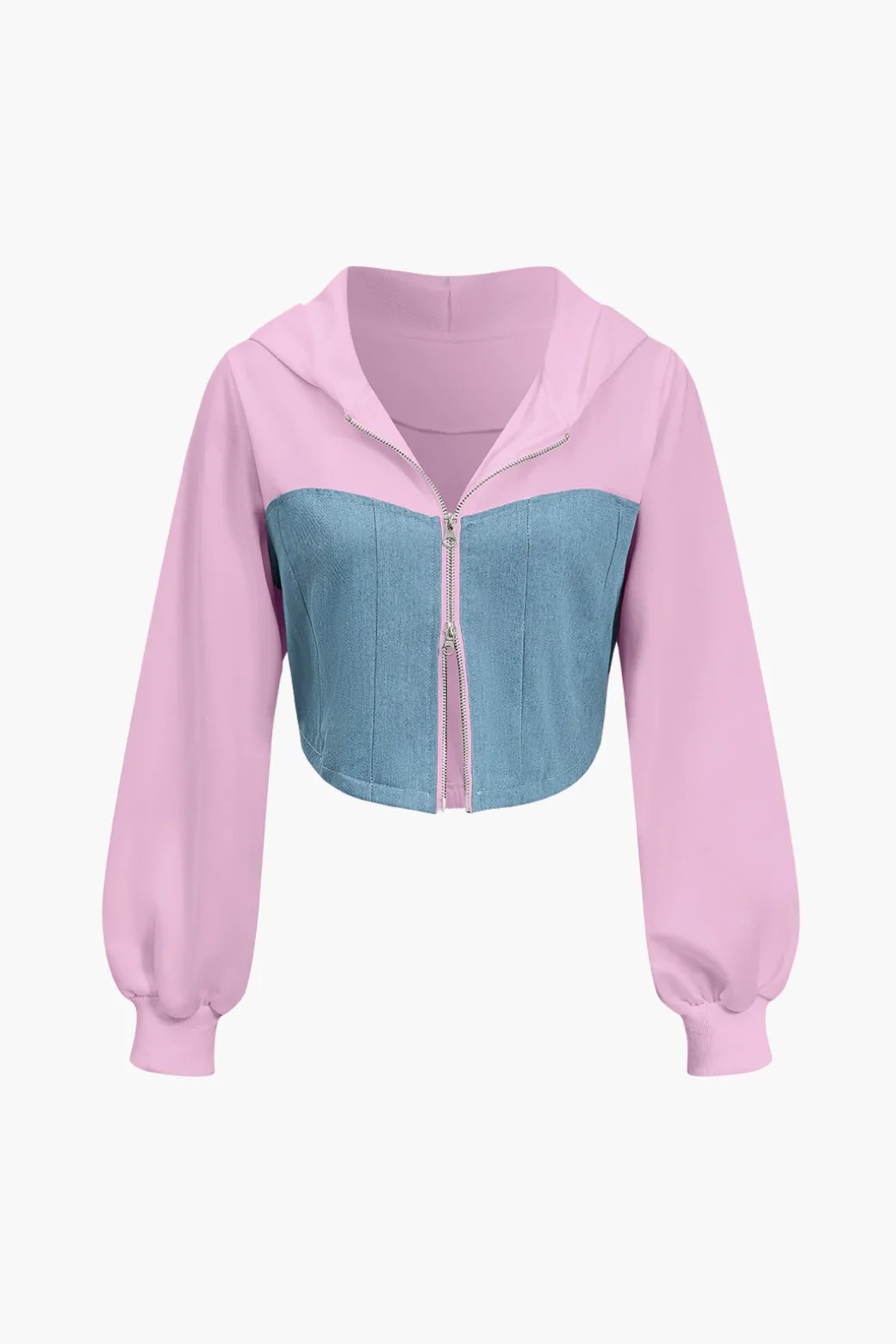 Color Block Denim Patchwork Hooded Zipper Jacket And Trousers Set