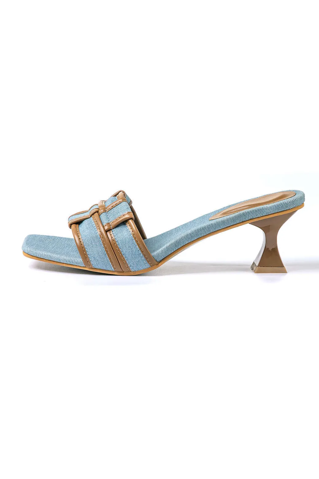 Color Block Faux Leather Denim Contrast Binding Asymmetrical Open Toe Mid Heel Sandals
