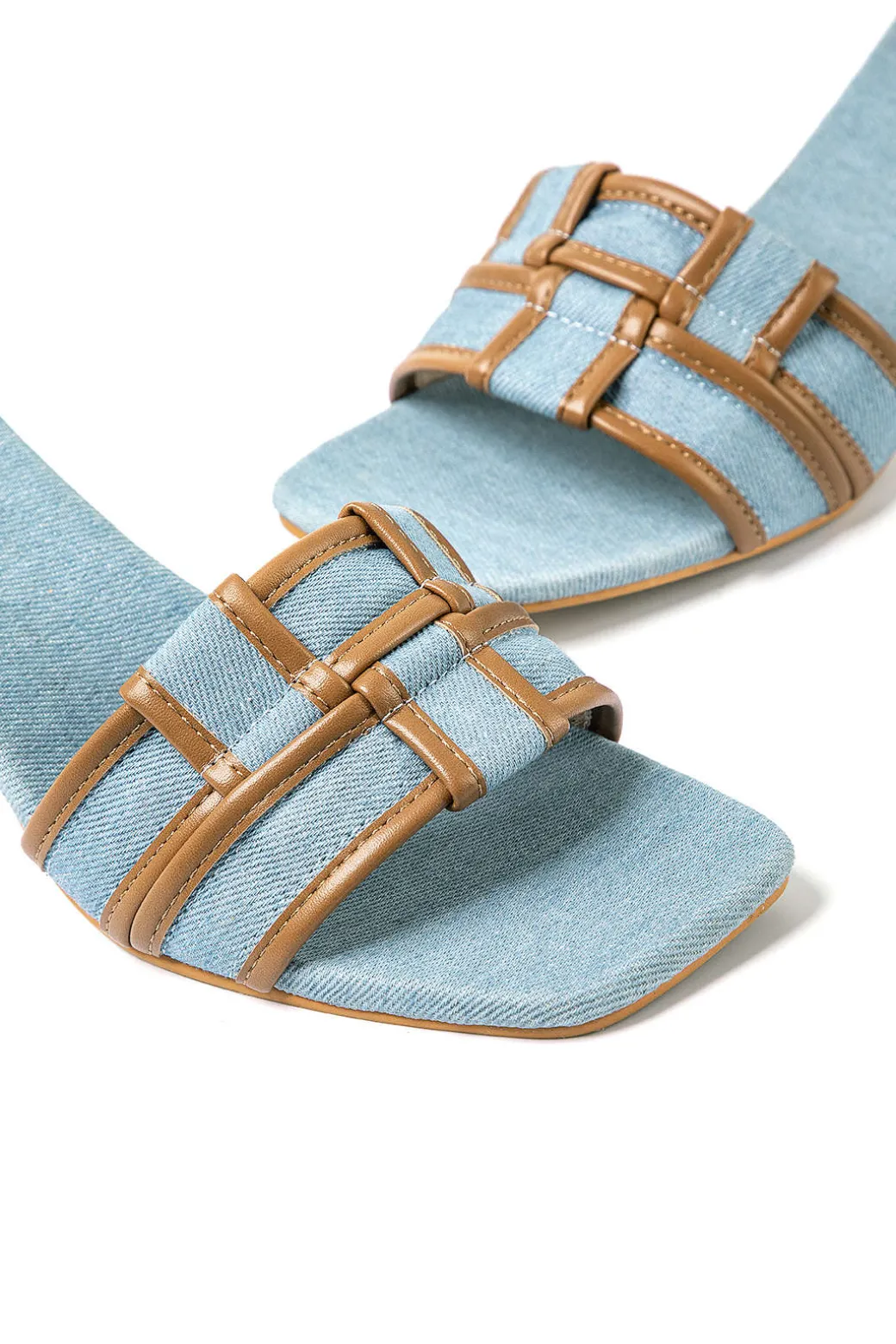 Color Block Faux Leather Denim Contrast Binding Asymmetrical Open Toe Mid Heel Sandals