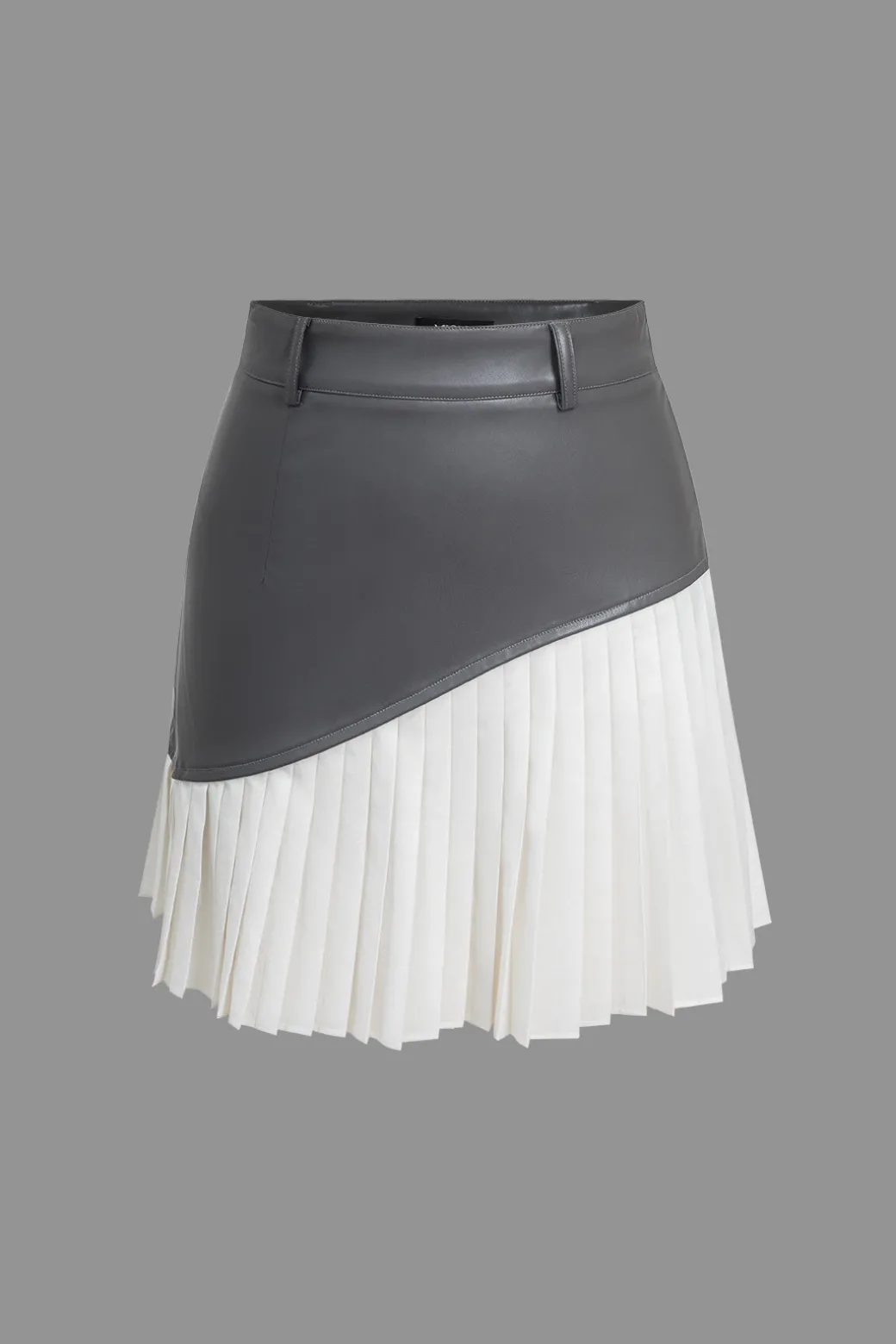 Color Block Faux Leather Pleated Asymmetrical Skirt