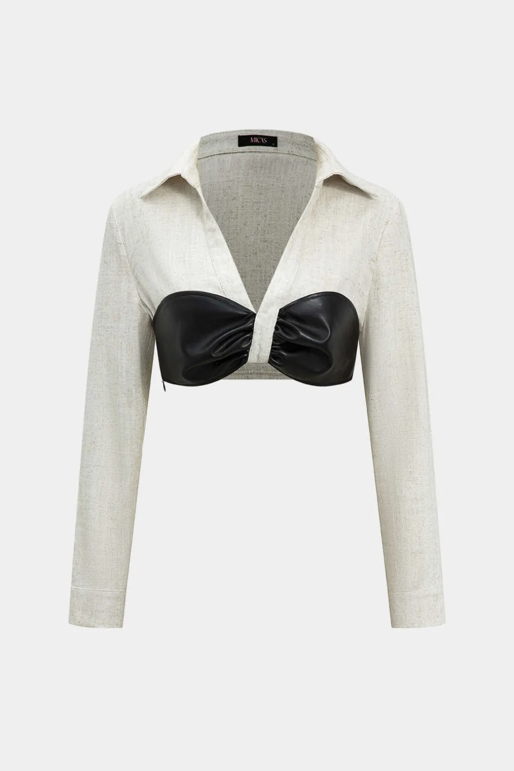 Color Block Faux Leather Linen Ruched Long-Sleeve Shirt
