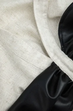 Color Block Faux Leather Linen Ruched Long-Sleeve Shirt