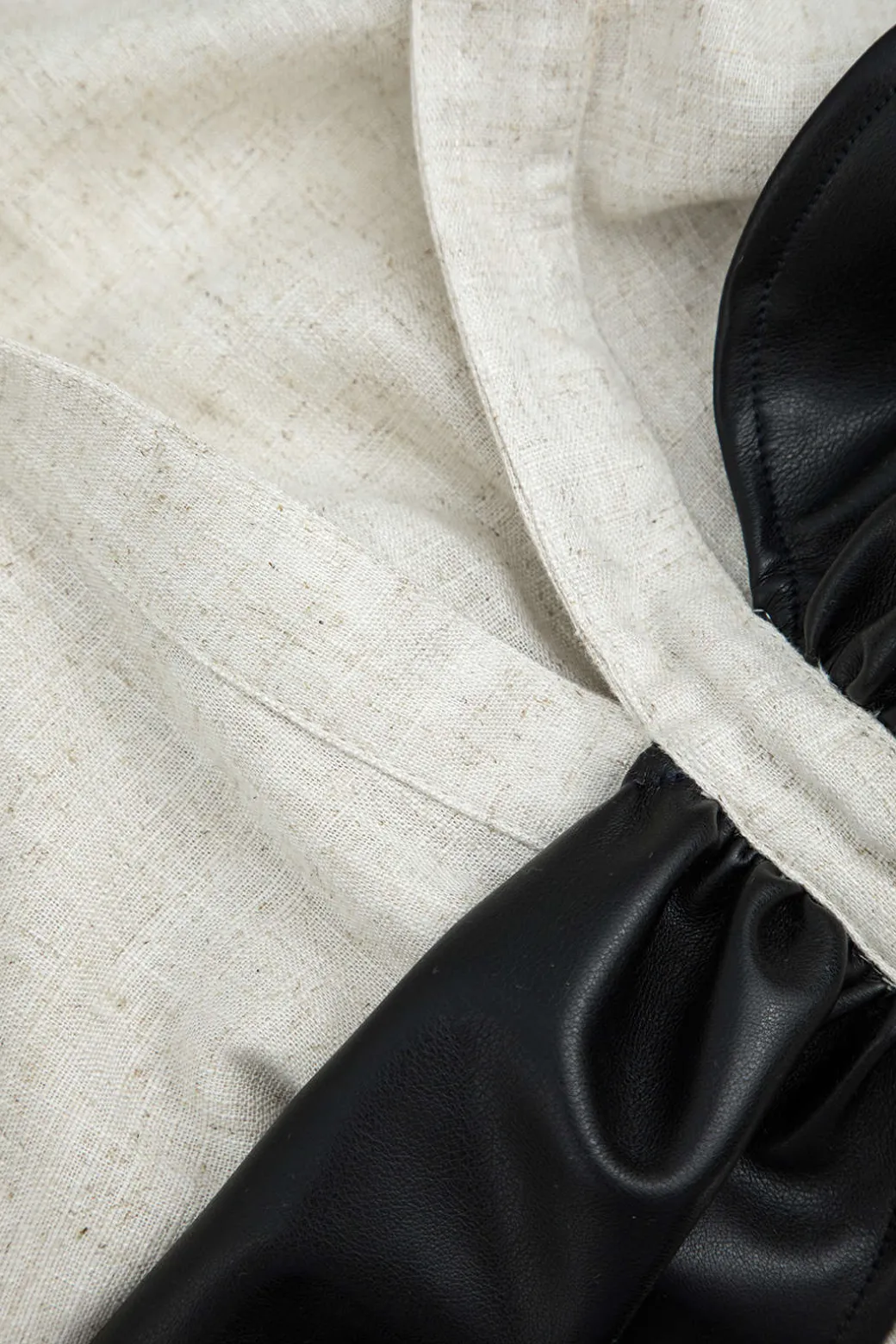 Color Block Faux Leather Linen Ruched Long-Sleeve Shirt
