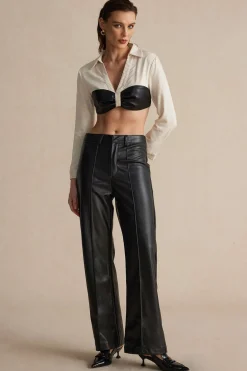 Color Block Faux Leather Linen Ruched Long-Sleeve Shirt