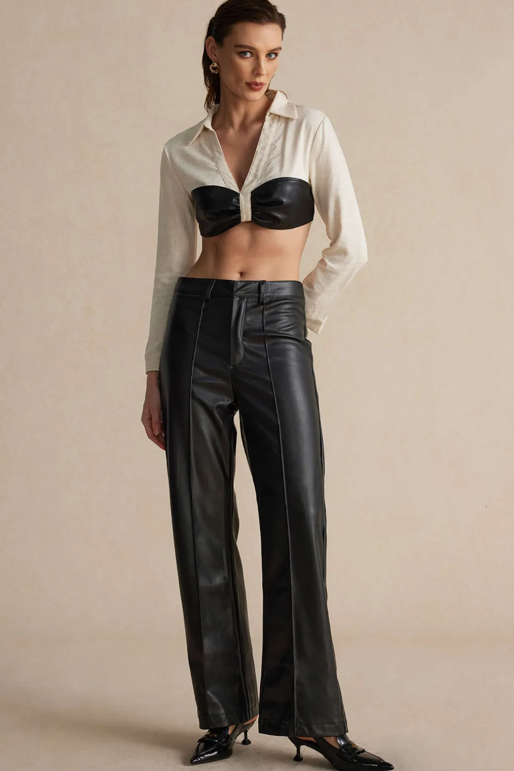 Color Block Faux Leather Linen Ruched Long-Sleeve Shirt