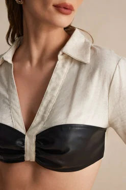 Color Block Faux Leather Linen Ruched Long-Sleeve Shirt