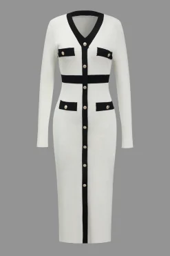 Color Block Knit Button Long-Sleeve Dress