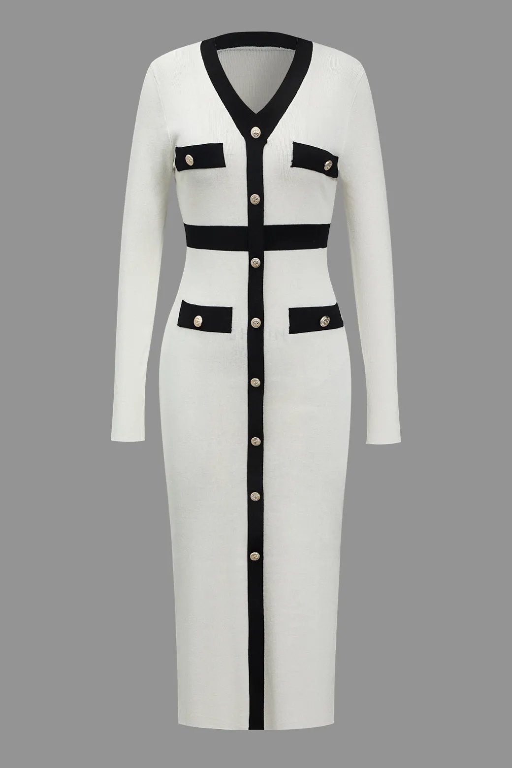 Color Block Knit Button Long-Sleeve Dress