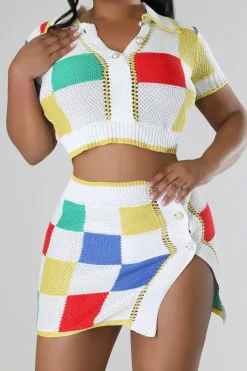 Color Block Knit Top and Split Mini Skirt Set