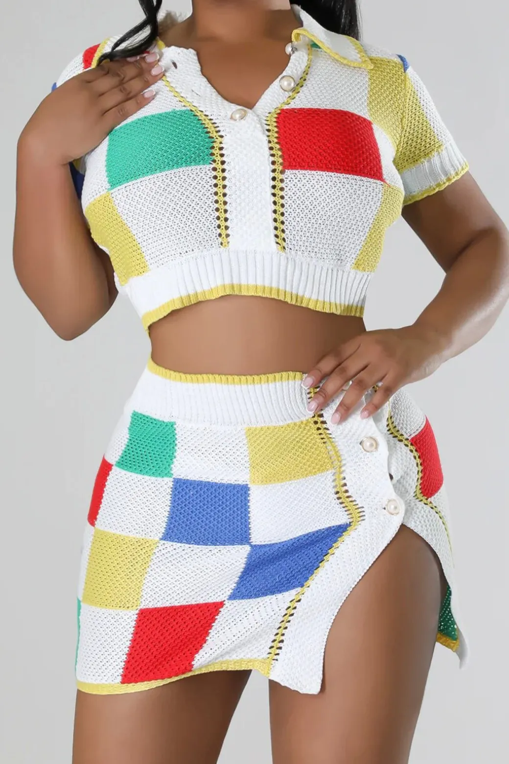 Color Block Knit Top and Split Mini Skirt Set