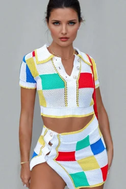 Color Block Knit Top and Split Mini Skirt Set