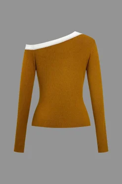 Color Block Print Knit Asymmetrical Long-Sleeve Top