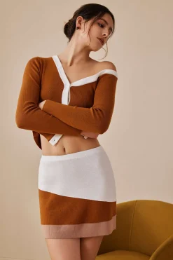 Color Block Print Knit Asymmetrical Long-Sleeve Top