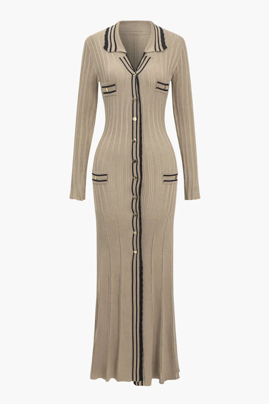 Color Block Print Knit Button Metallic Fake Pockets Dress