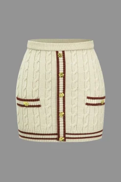 Color Block Print Knit Button Skirt