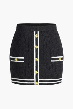 Color Block Print Knit Button Skirt