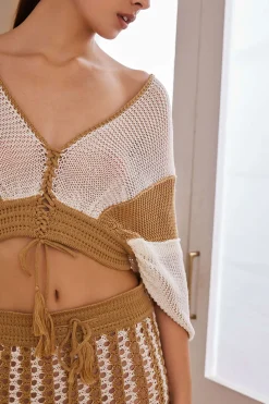 Color Block Print Knit Cut Out Tie-Up Crop Top And Skirt Set