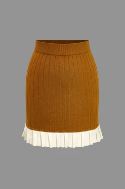 Color Block Print Knit Pleated Mini Skirt