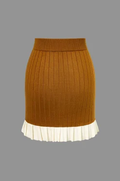 Color Block Print Knit Pleated Mini Skirt