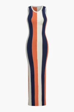 Color Block Print Knit Slit Maxi Dress