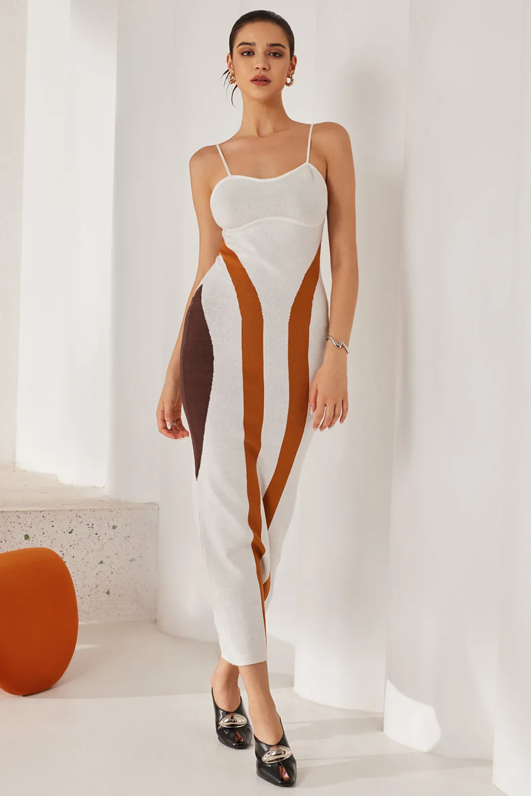 Color Block Print Knit Slip Maxi Dress