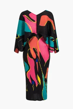 Color Block Print Pleated V-Neck Batwing Sleeves Maxi Dress