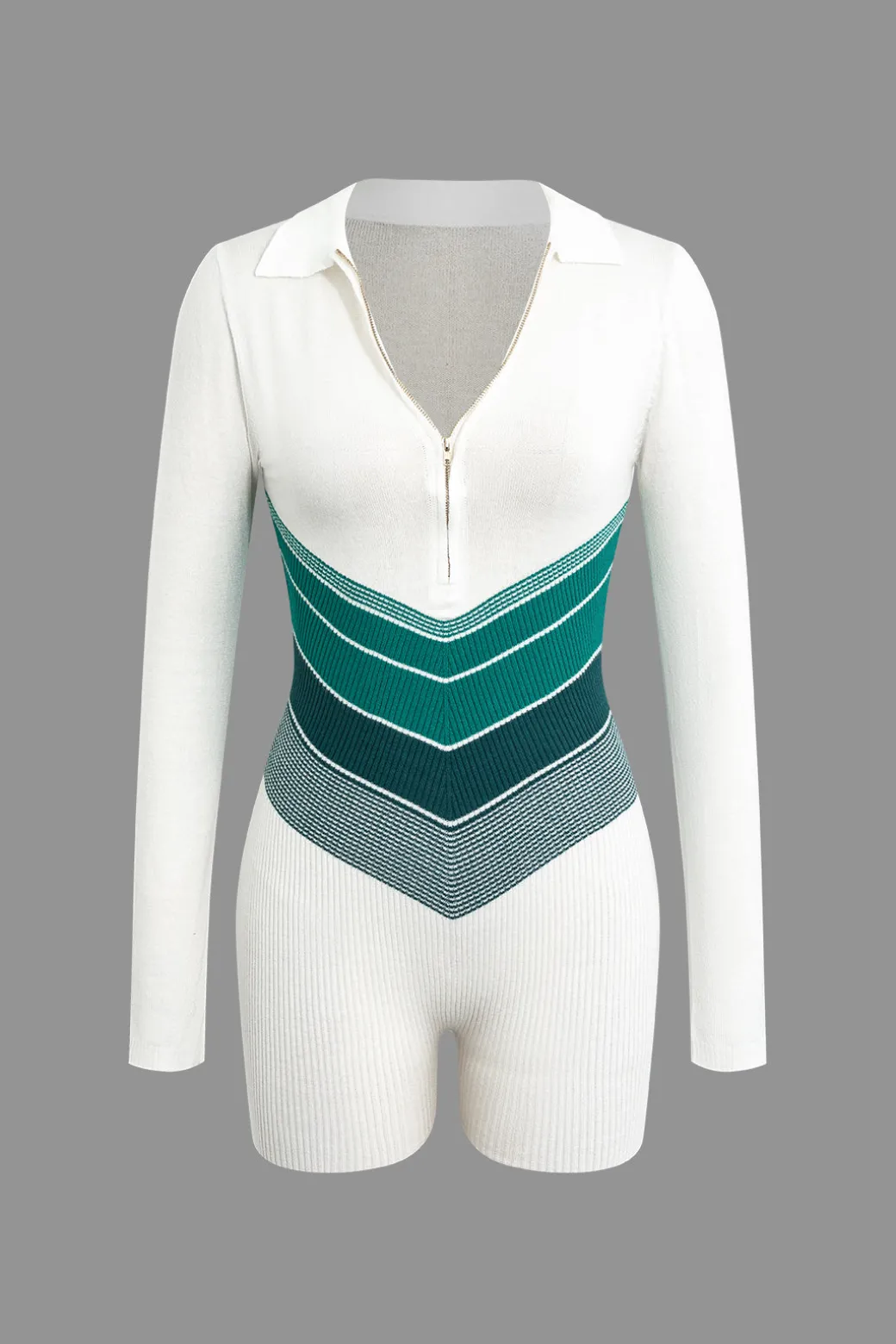 Color Block Zipper Long Sleeve Romper