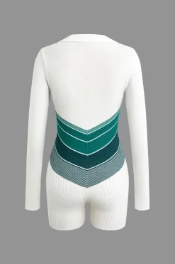 Color Block Zipper Long Sleeve Romper