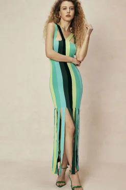 Colorblock Fringe Hem Sleeveless Knit Dress