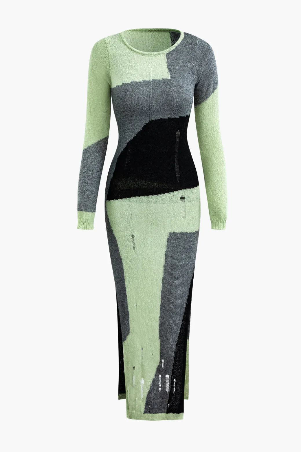 Colorblock Knit Destroyed Slit Midi Dress