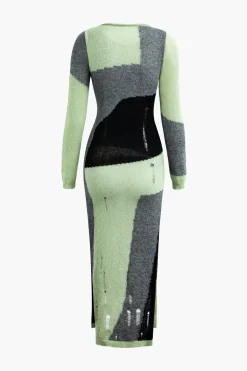 Colorblock Knit Destroyed Slit Midi Dress