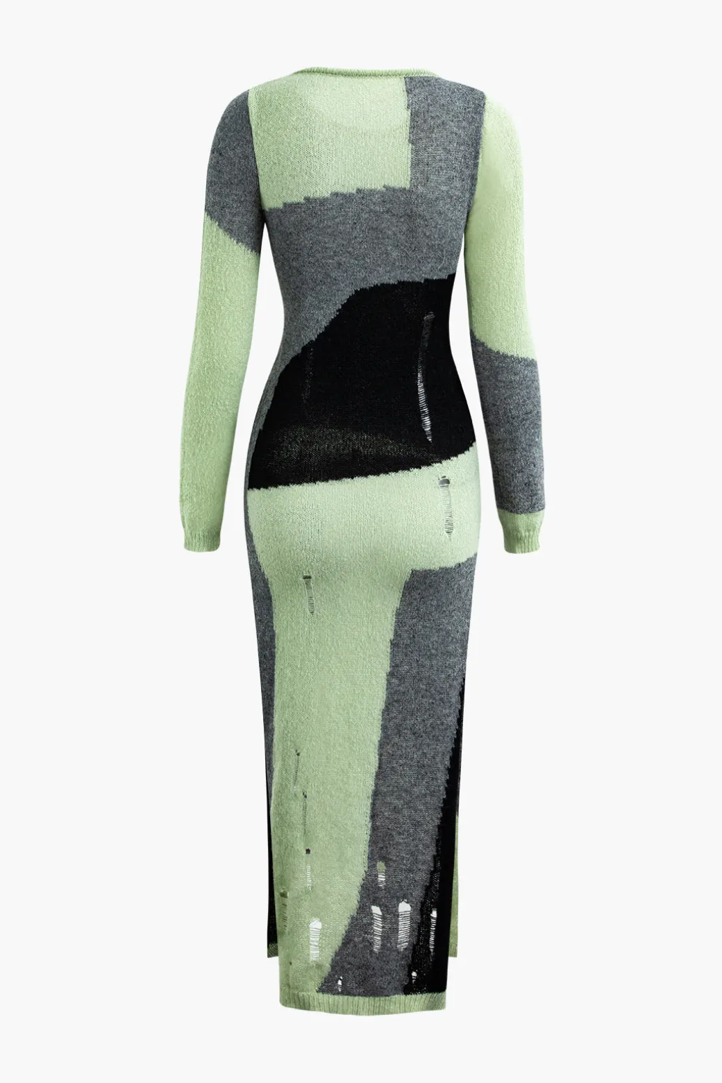 Colorblock Knit Destroyed Slit Midi Dress