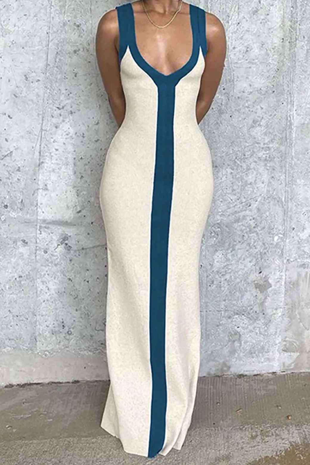 Colorblock V-neck Ribbed Split Maxi Dress