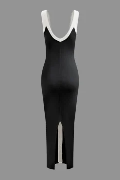 Colorblock V-neck Ribbed Split Maxi Dress