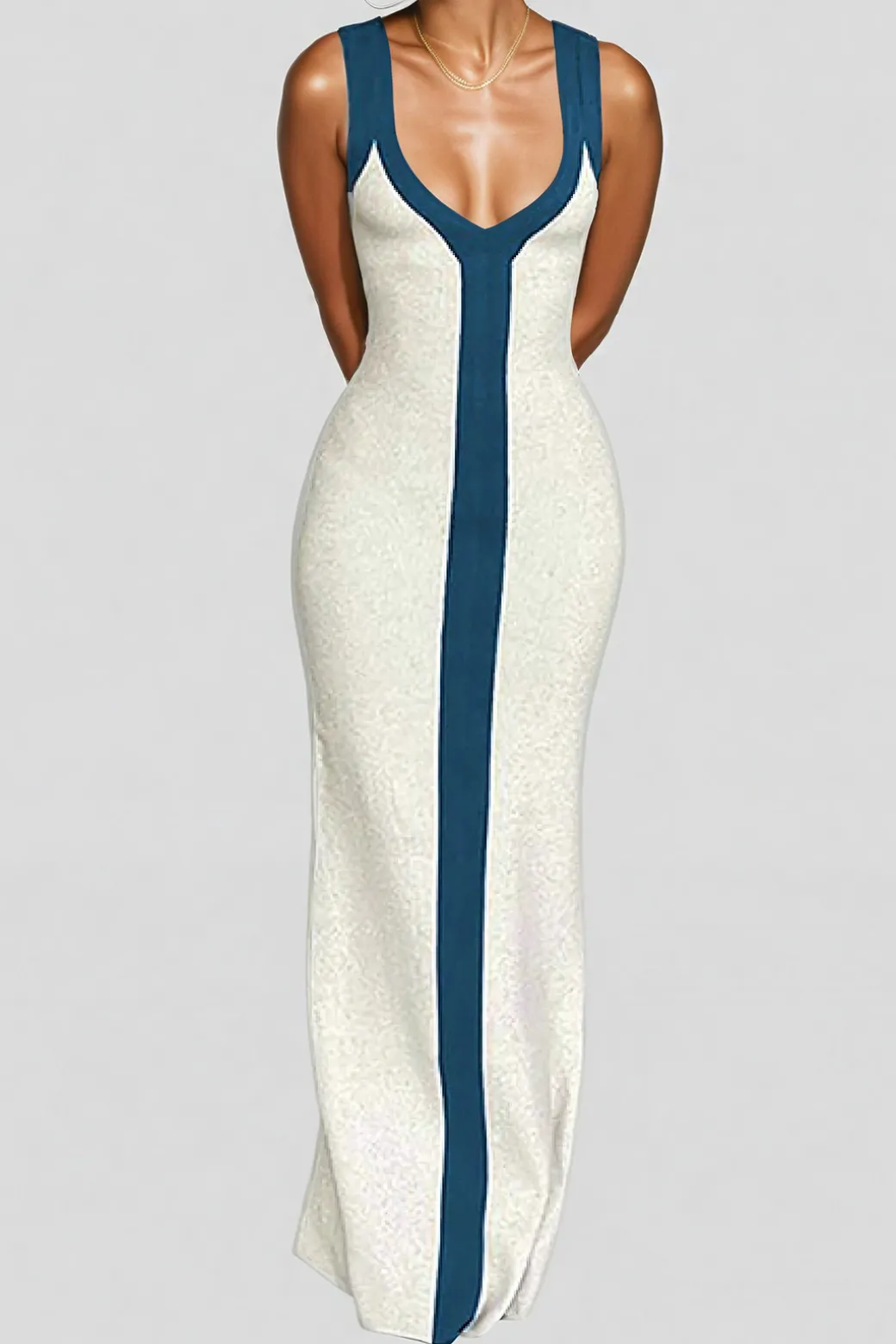 Colorblock V-neck Ribbed Split Maxi Dress