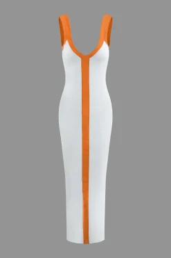 Colorblock V-neck Ribbed Split Maxi Dress