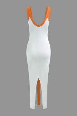 Colorblock V-neck Ribbed Split Maxi Dress