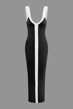 Colorblock V-neck Ribbed Split Maxi Dress