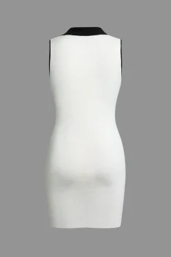Contrast Button Up Collared Sleeveless Knit Mini Dress