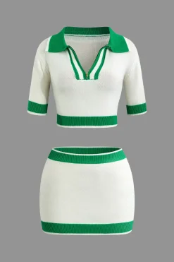 Contrast Collar Crop Knit Top And Mini Skirt Set