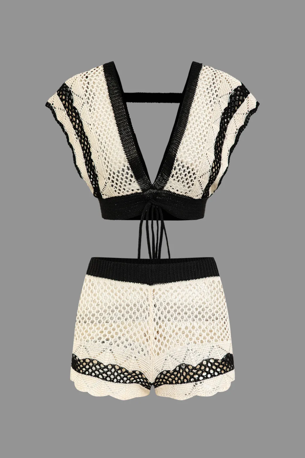 Contrast Crochet V-Neck Knit Shorts Set