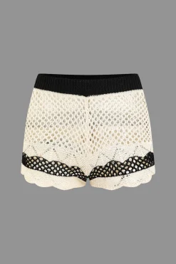 Contrast Crochet V-Neck Knit Shorts Set