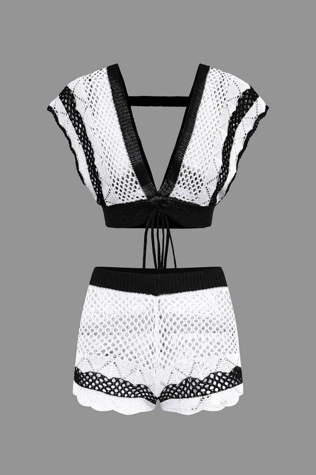 Contrast Crochet V-Neck Knit Shorts Set