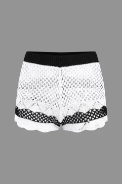 Contrast Crochet V-Neck Knit Shorts Set