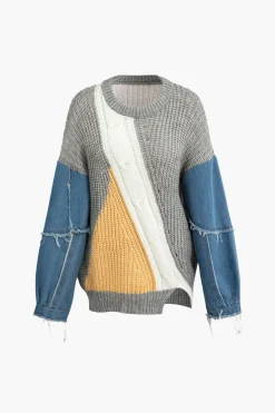 Contrast Denim Stitching Round Neck Sweater